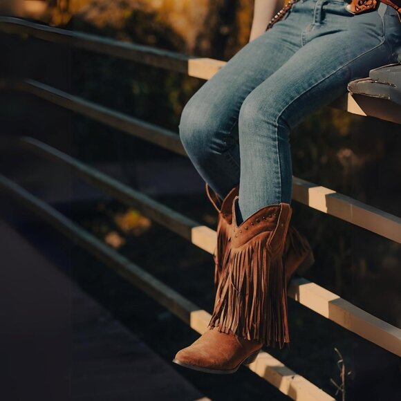 Women's Brown Cow Girl Block Heel Calf High Faux Suede Western Boots Shoes - Picture 5 of 9